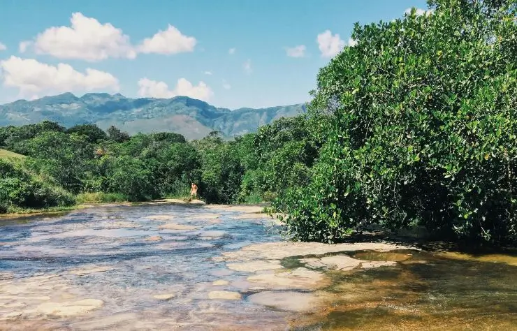 Vista de los pozos de agua cristalina y abundante vegetación en Caño Cristales en el Meta Colombia